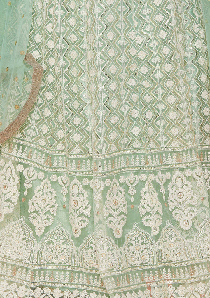 Green Thread-Work Net Designer Lehenga-Koskii