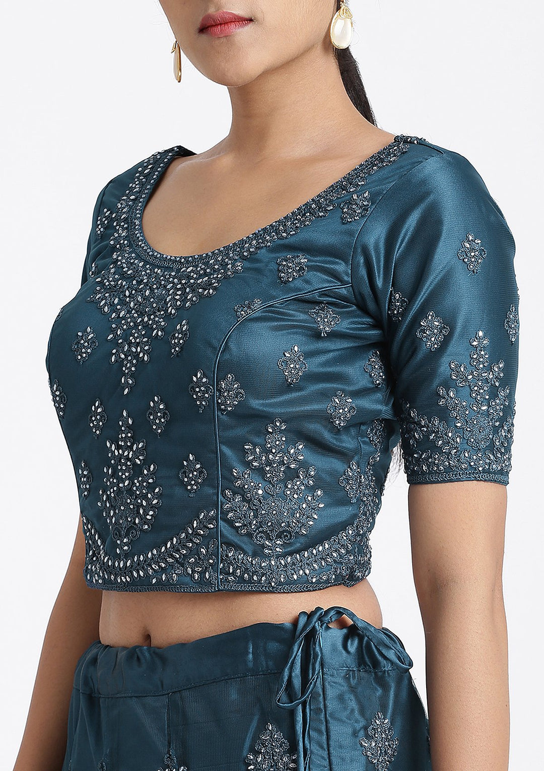 Peacock Blue Thread Work Net Designer Lehenga-Koskii