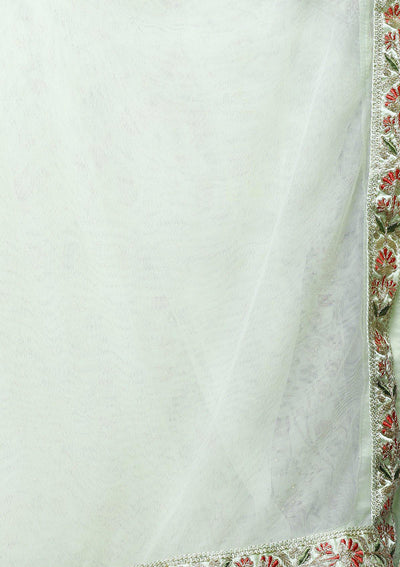 Pastel Green Floral Silk Designer Gown-Koskii