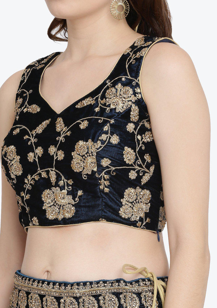 Peacock Blue Stonework Velvet Designer Lehenga-Koskii