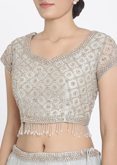 Light Grey Stonework Net Designer Lehenga - koskii