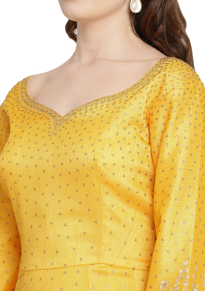 Yellow Swarovski Raw Silk Designer Gown-Koskii