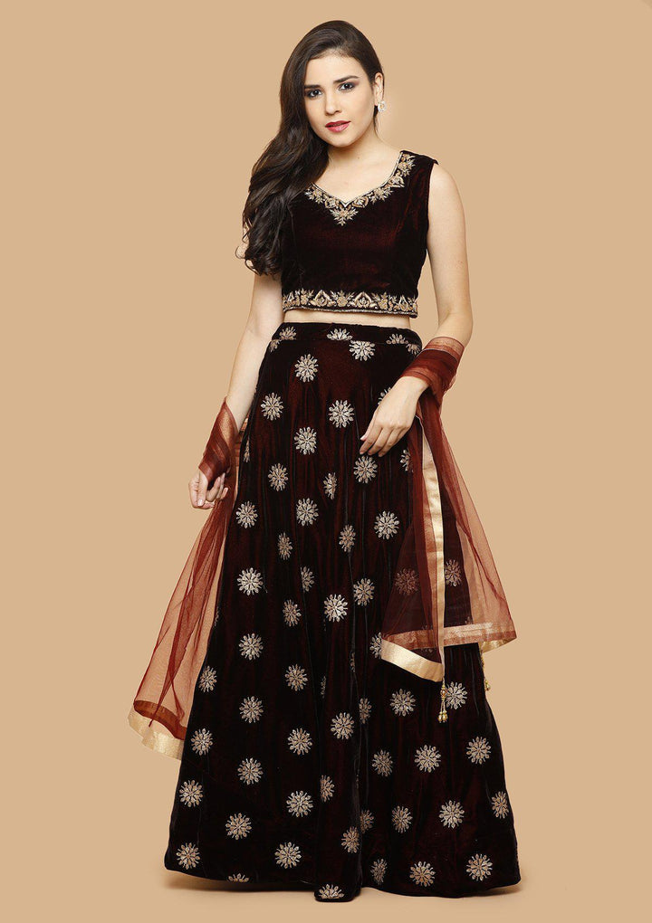 Maroon Embellished Velvet Designer Lehenga-Koskii