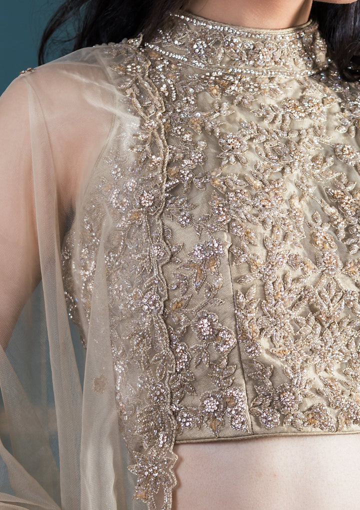 Beige Sequinned Net Designer Lehenga-Koskii