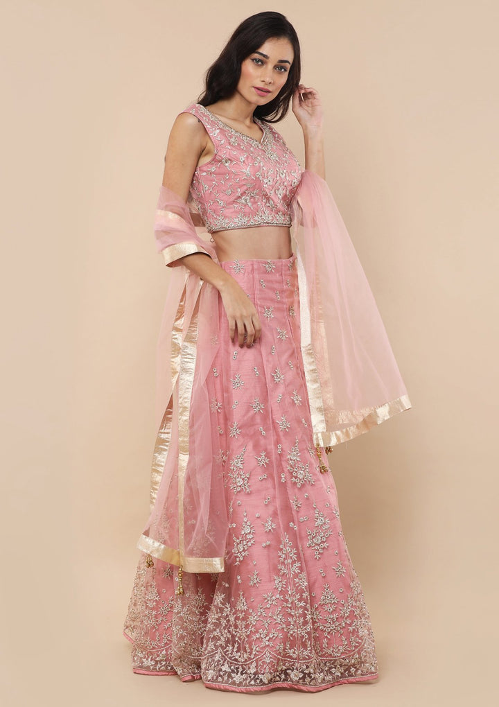 Pink Zari Work Silk Designer Lehenga-Koskii