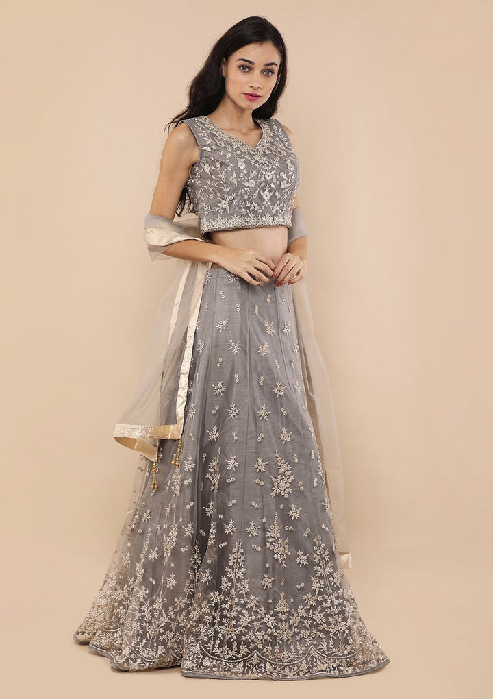 Grey Zari & Stone Work Silk Designer Gown-Koskii