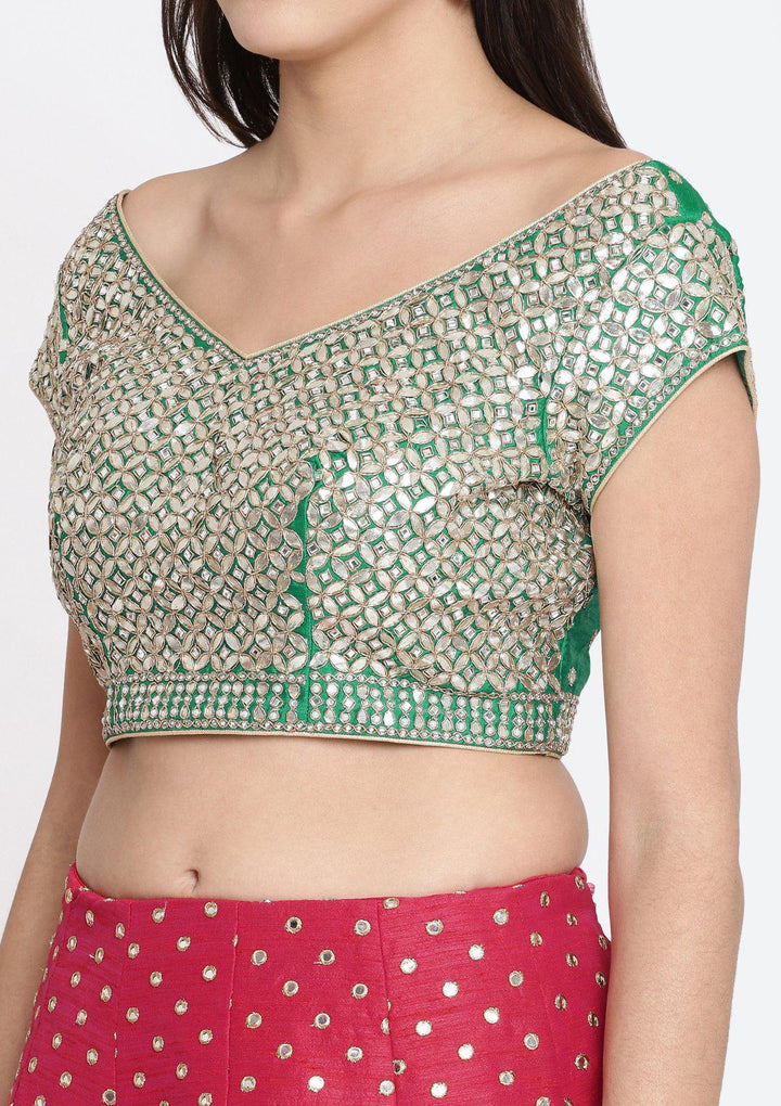Fuschia and Green Gotapatti Raw Silk Designer Lehenga-Koskii