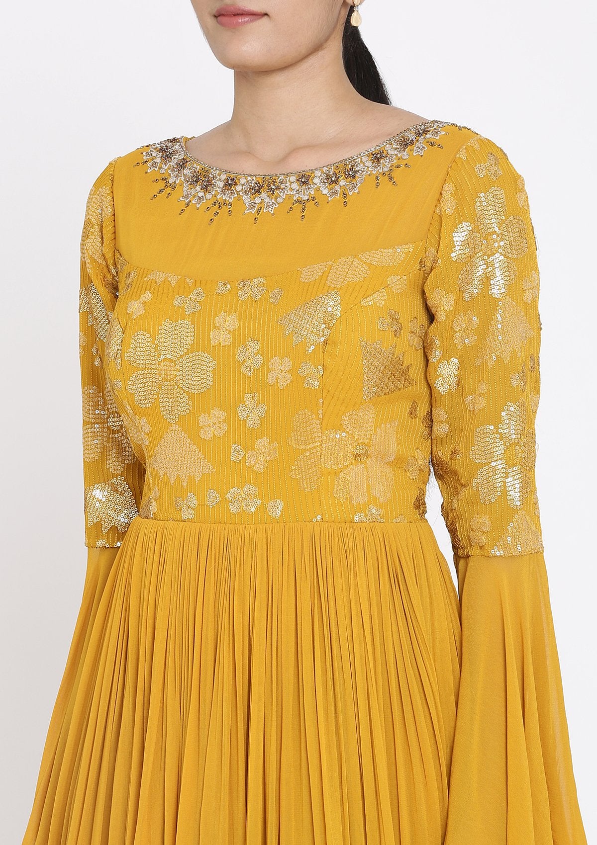Mustard Sequins Georgette Designer Gown - koskii