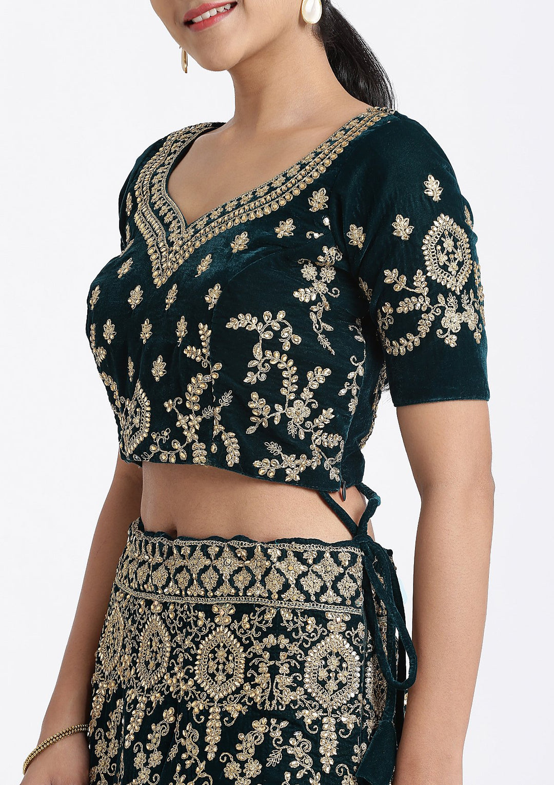 Bottle Green Zariwork Velvet Designer Lehenga-Koskii