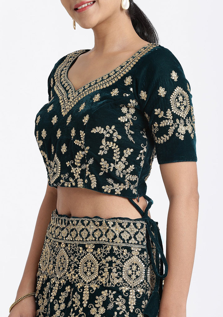 Bottle Green Zariwork Velvet Designer Lehenga-Koskii