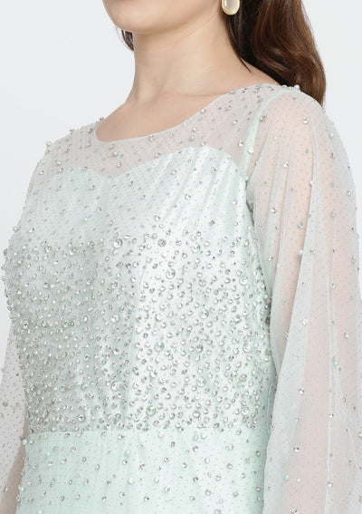 Sea Green Stonework Net Designer Gown-Koskii