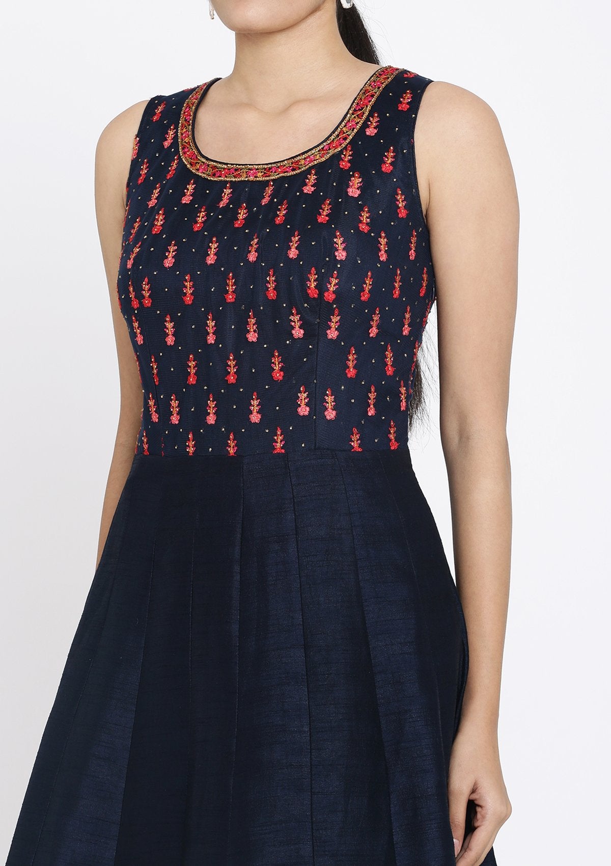 Navy Blue Swarovski Raw Silk Designer Gown - koskii