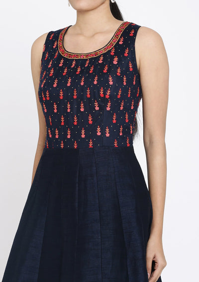 Navy Blue Swarovski Raw Silk Designer Gown - koskii