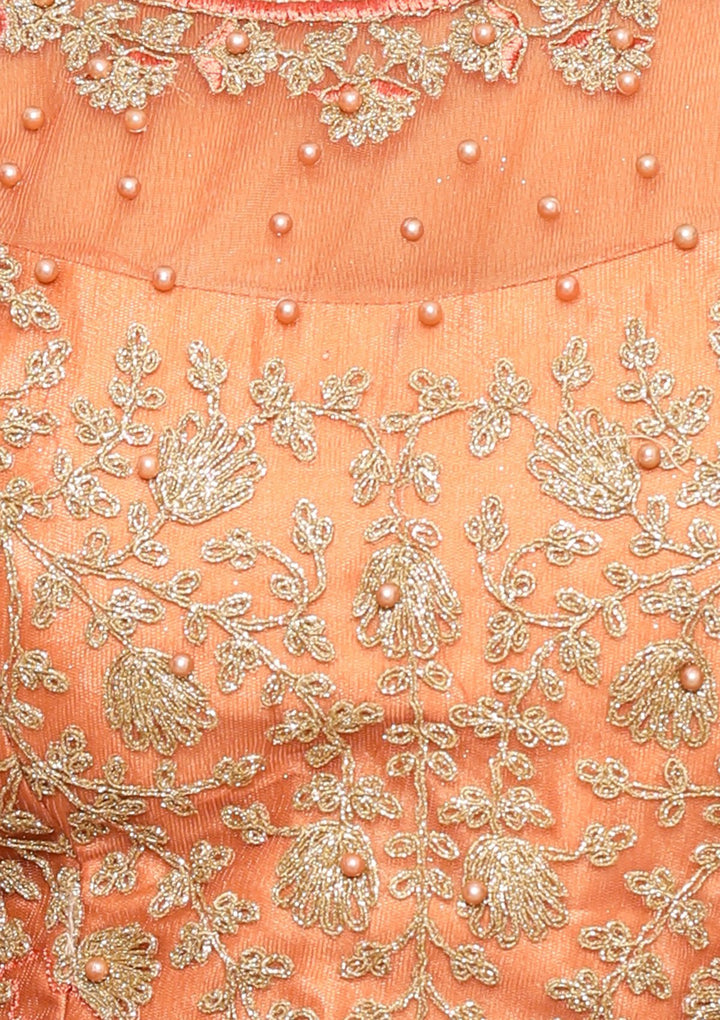 Peach Thread Work Net Designer Lehenga-Koskii