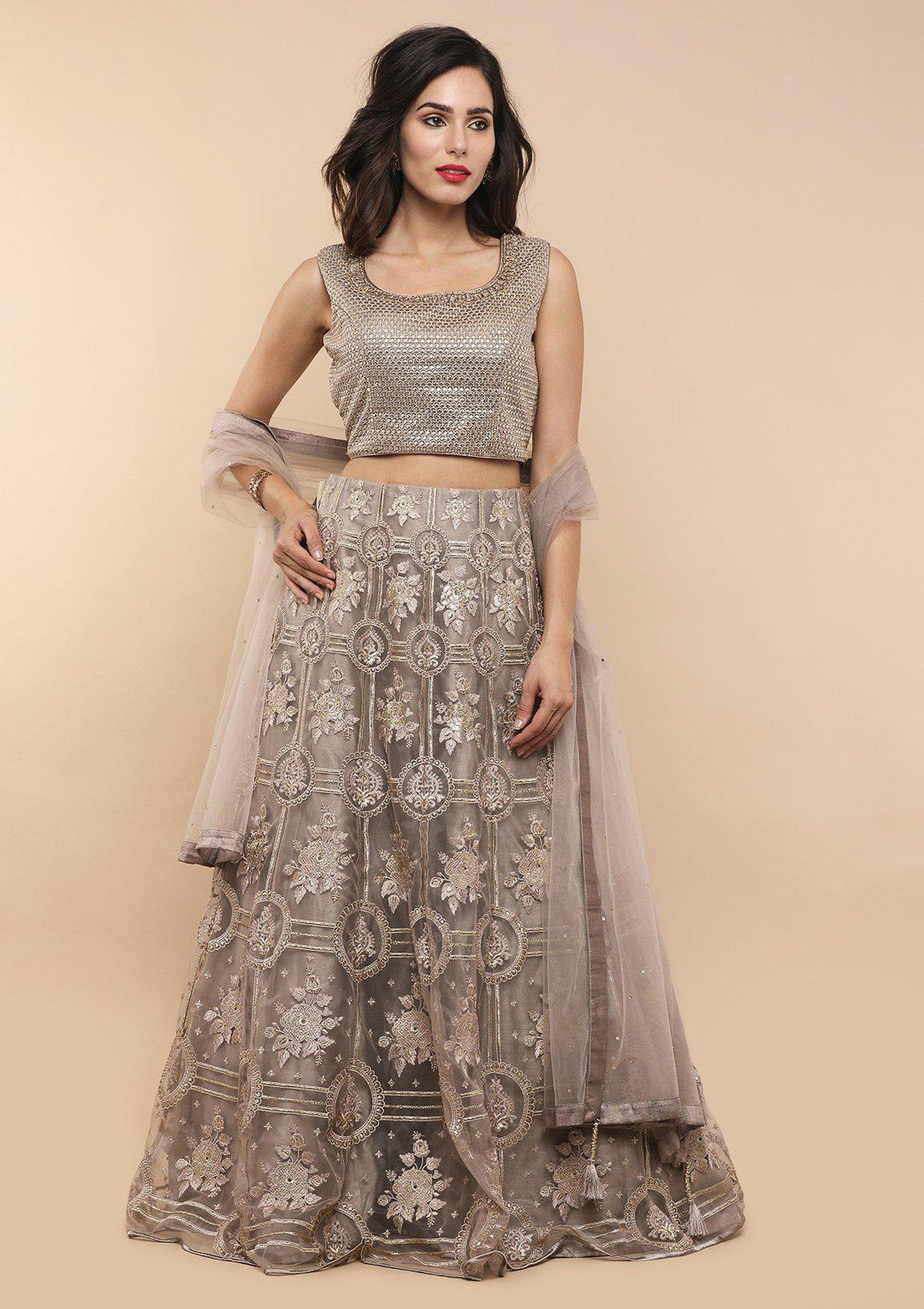 Grey Thread Work Net Designer Lehenga-Koskii