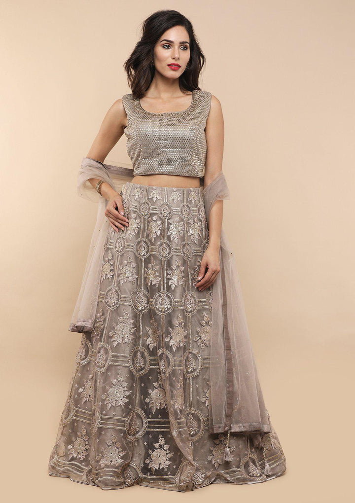 Grey Thread Work Net Designer Lehenga-Koskii