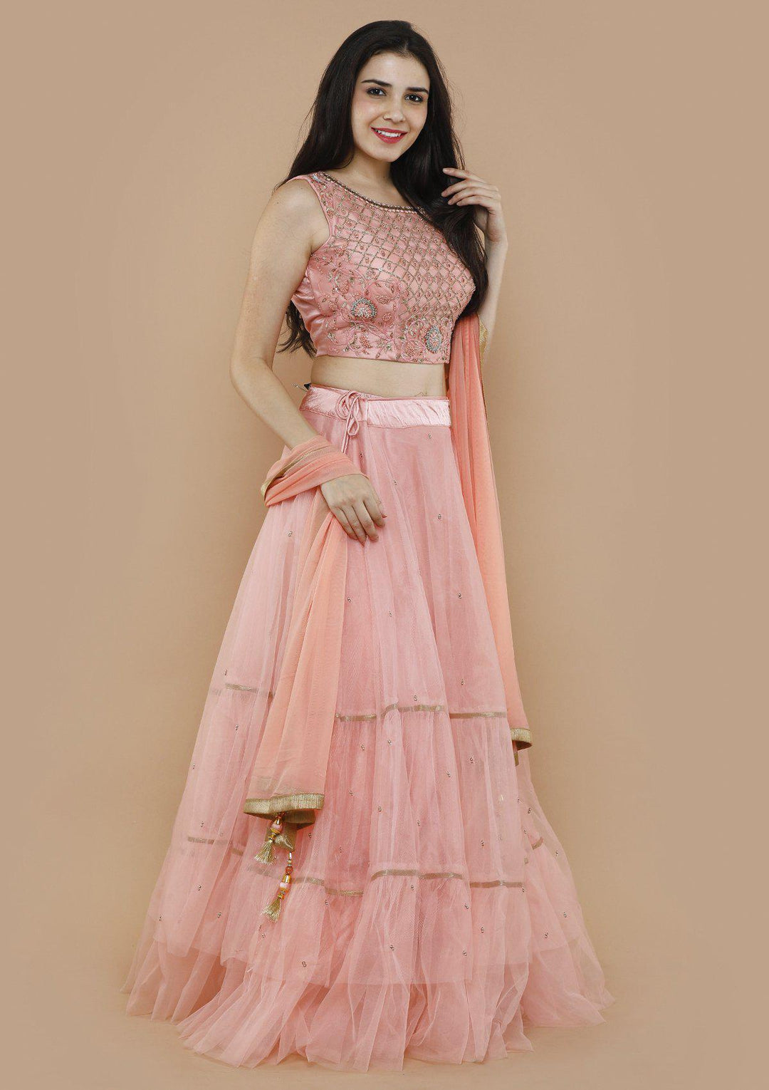 Pink Chequered Pearl Net Designer Lehenga-Koskii