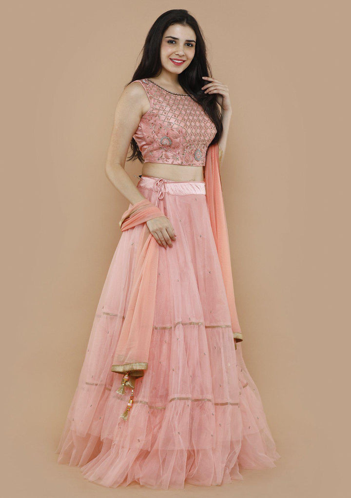 Pink Chequered Pearl Net Designer Lehenga-Koskii