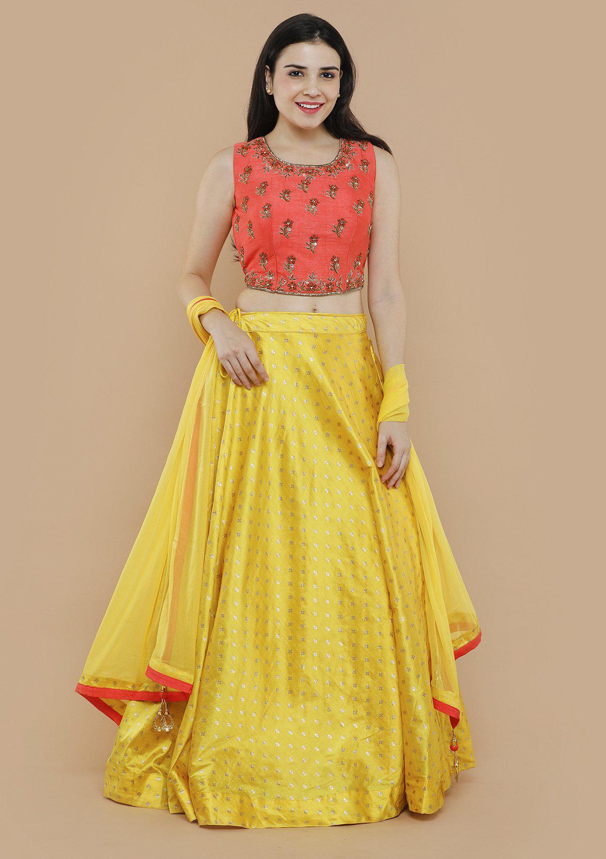 Pink and Yellow Brocade Designer Lehenga-Koskii