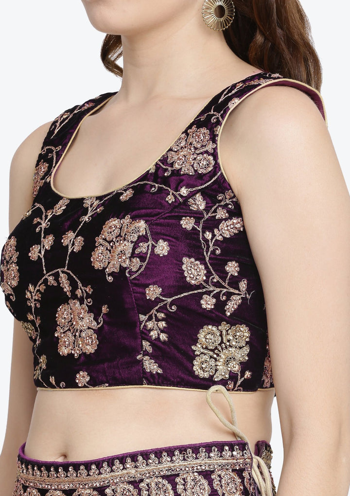Wine Stonework Velvet Designer Lehenga-Koskii