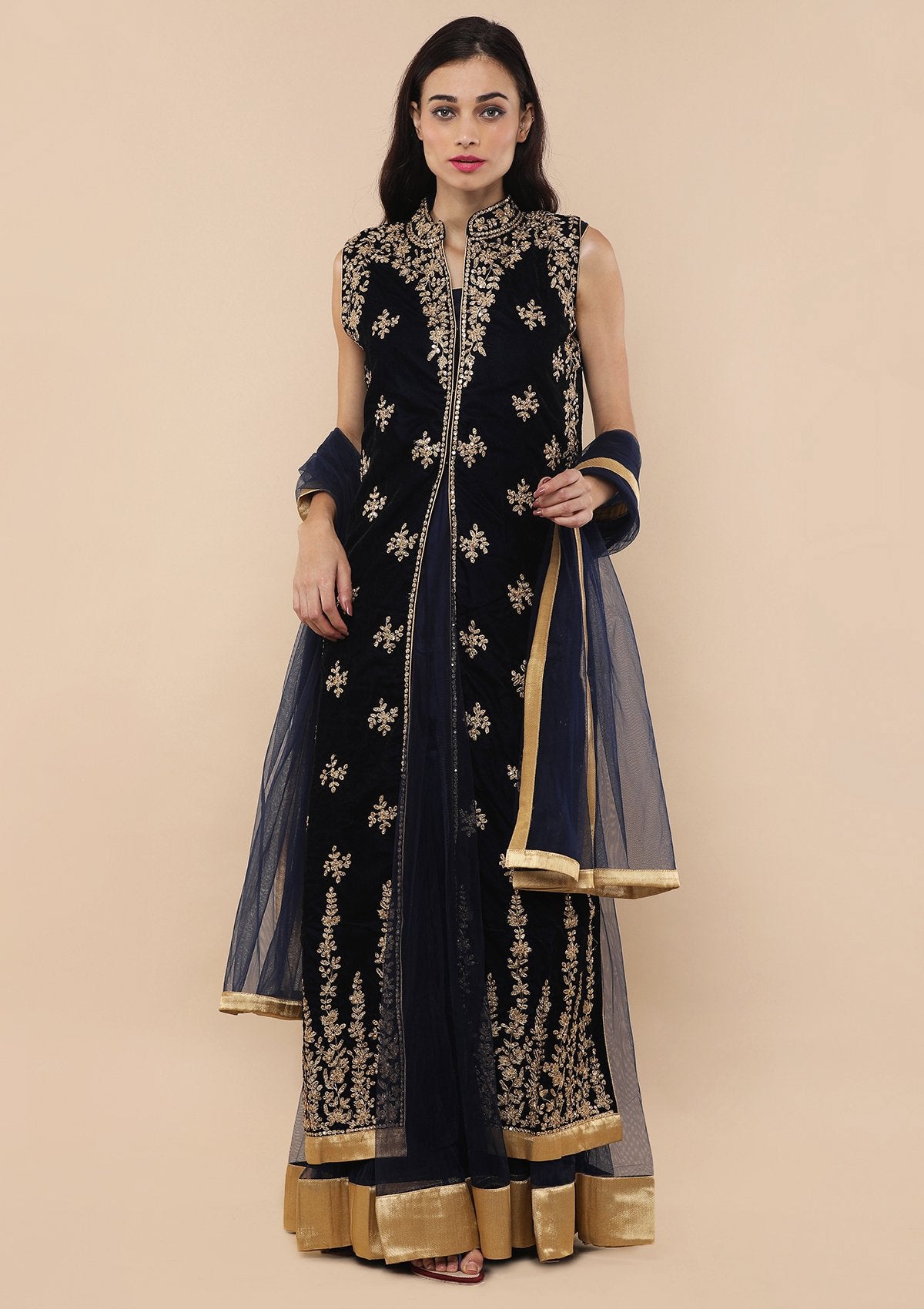 Dark Blue Thread Work Velvet Designer Salwar Suit-Koskii