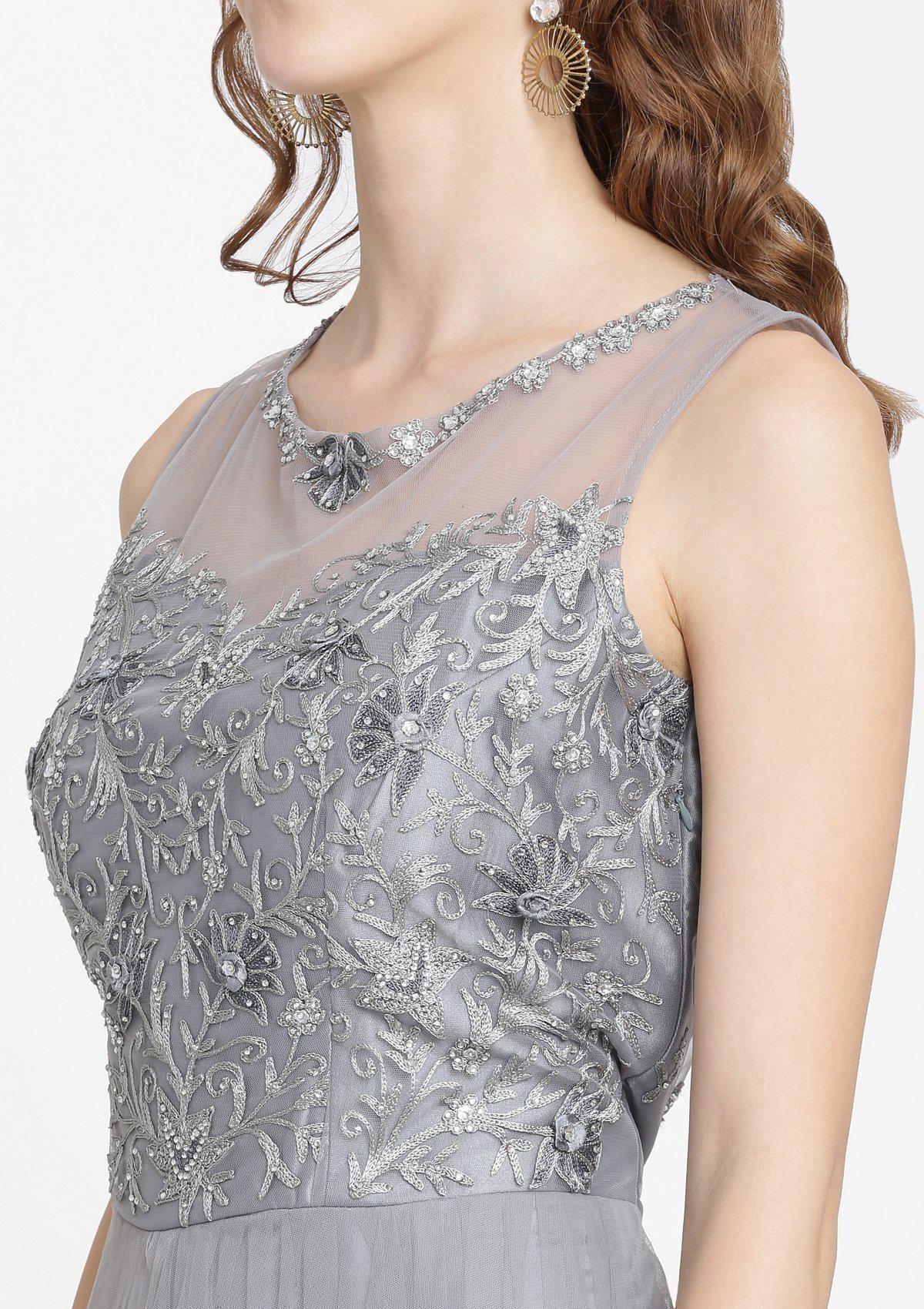Dark Grey Threadwork Net Designer Gown-Koskii