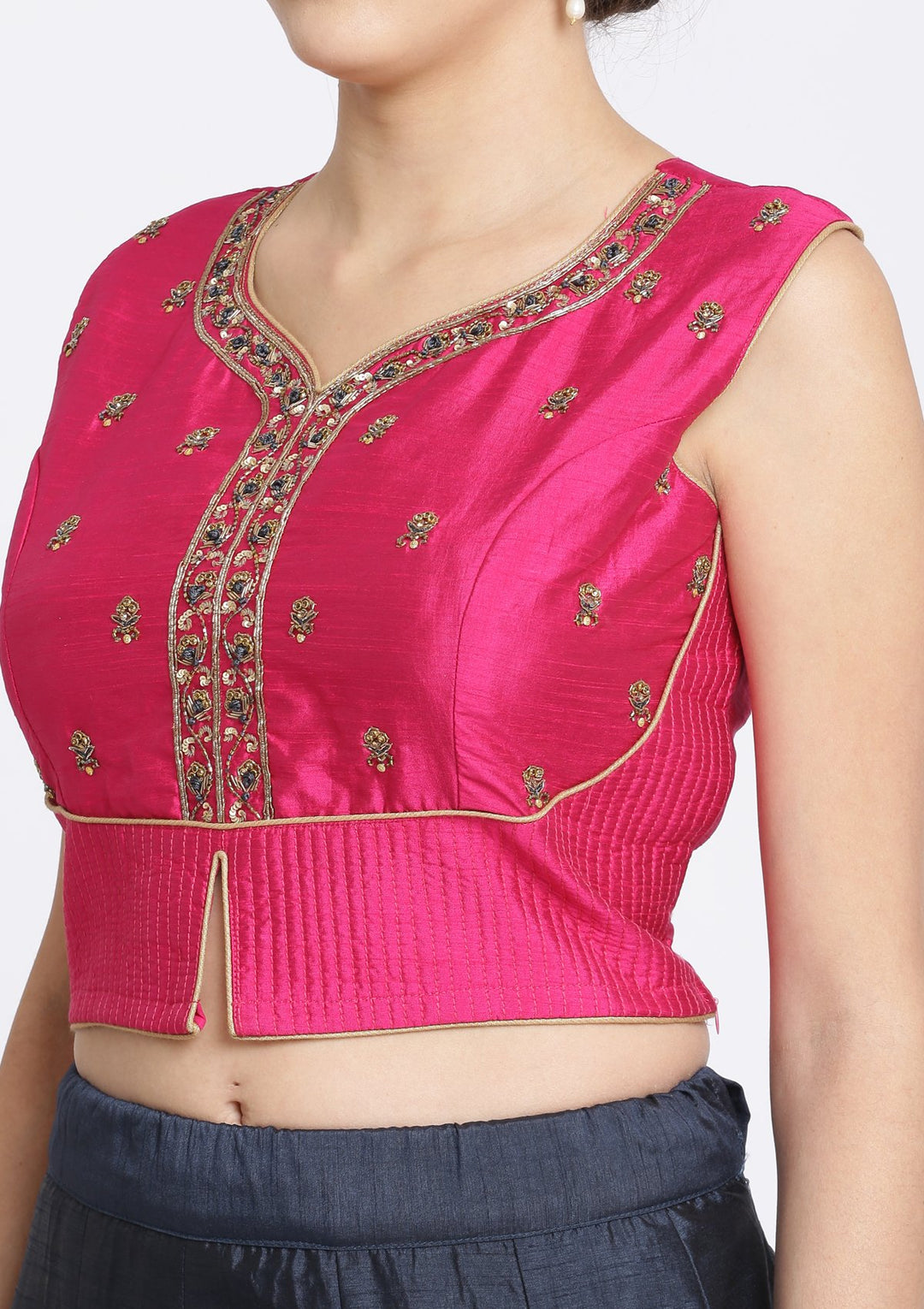 Navy Blue and Fuschia Cutdana Rawsilk Designer Lehenga-Koskii