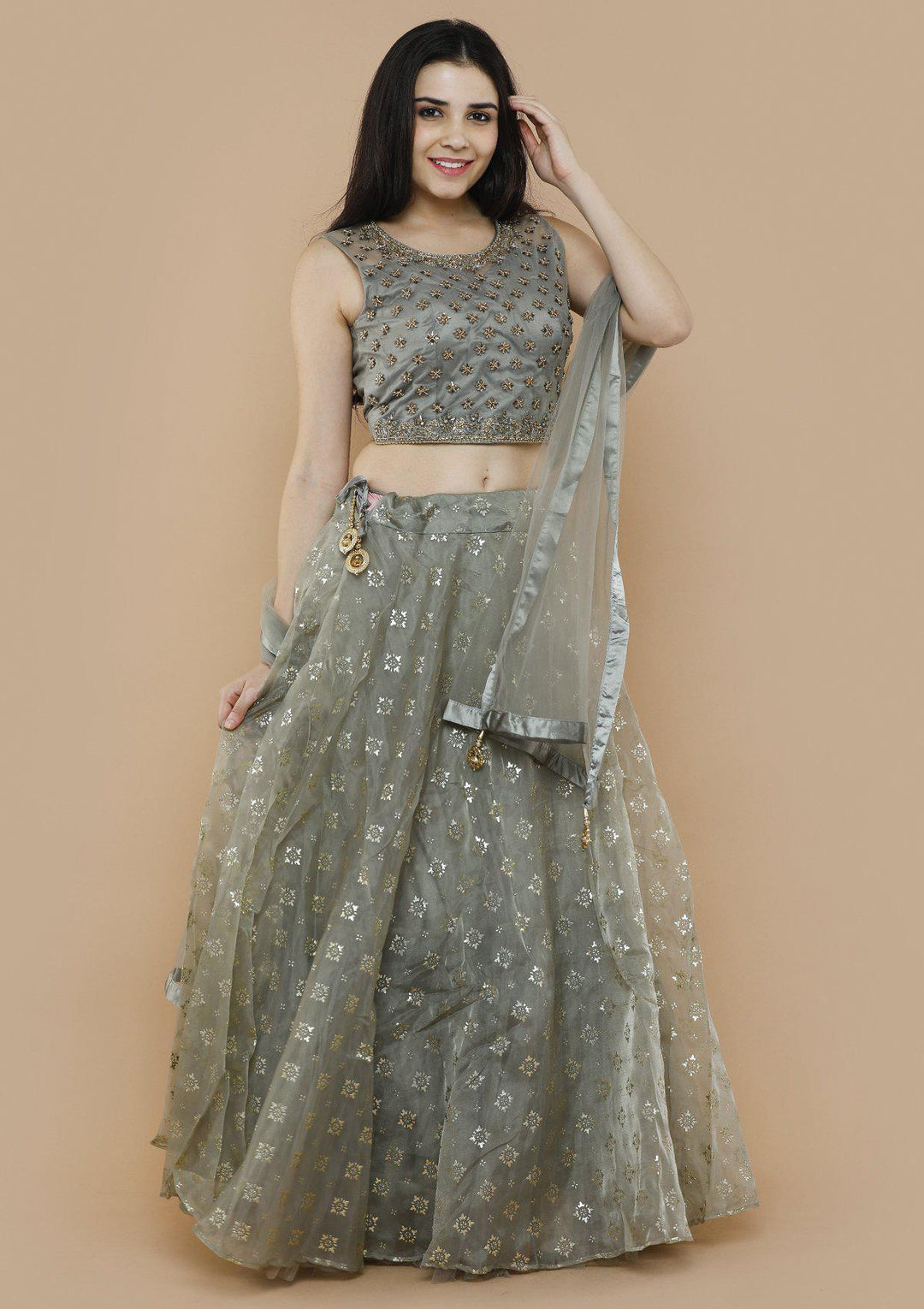 Grey Tissue Silk Net Designer Lehenga-Koskii