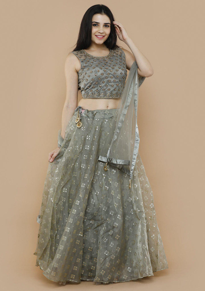 Grey Tissue Silk Net Designer Lehenga-Koskii