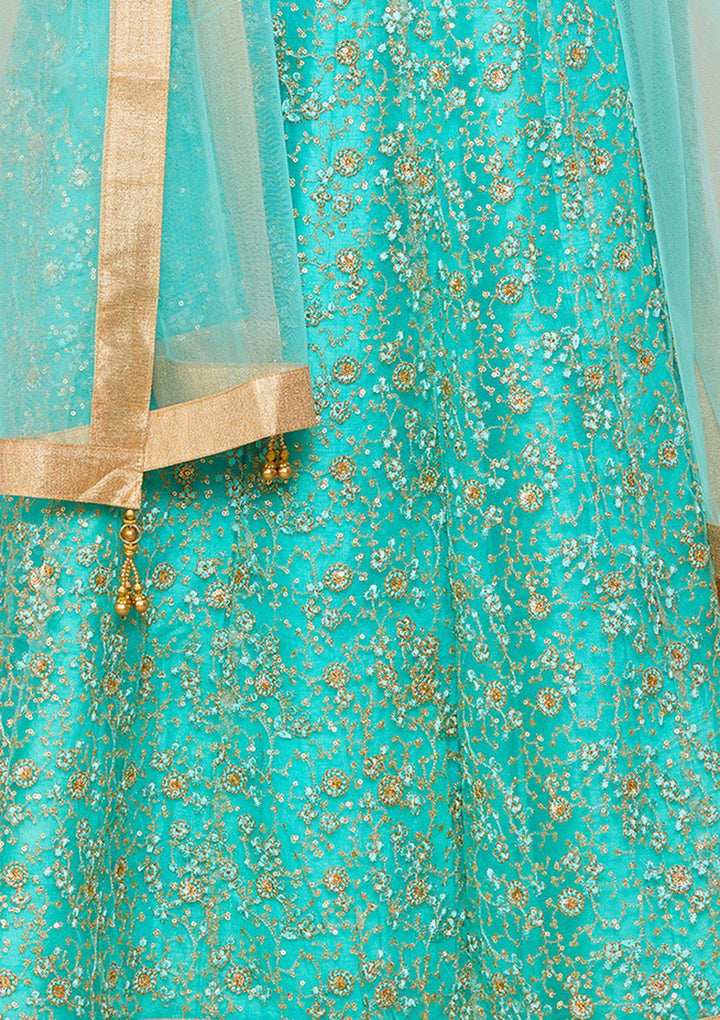 Cyan Sequinned Net Designer Lehenga-Koskii