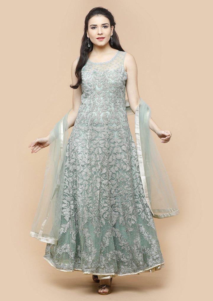Teal Green Threadwork Net Designer Gown-Koskii