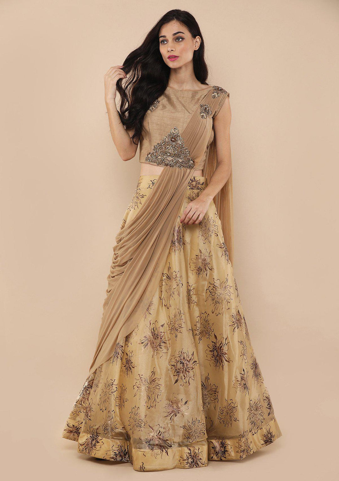 Beige Stone Work Silk Designer Lehenga-Koskii
