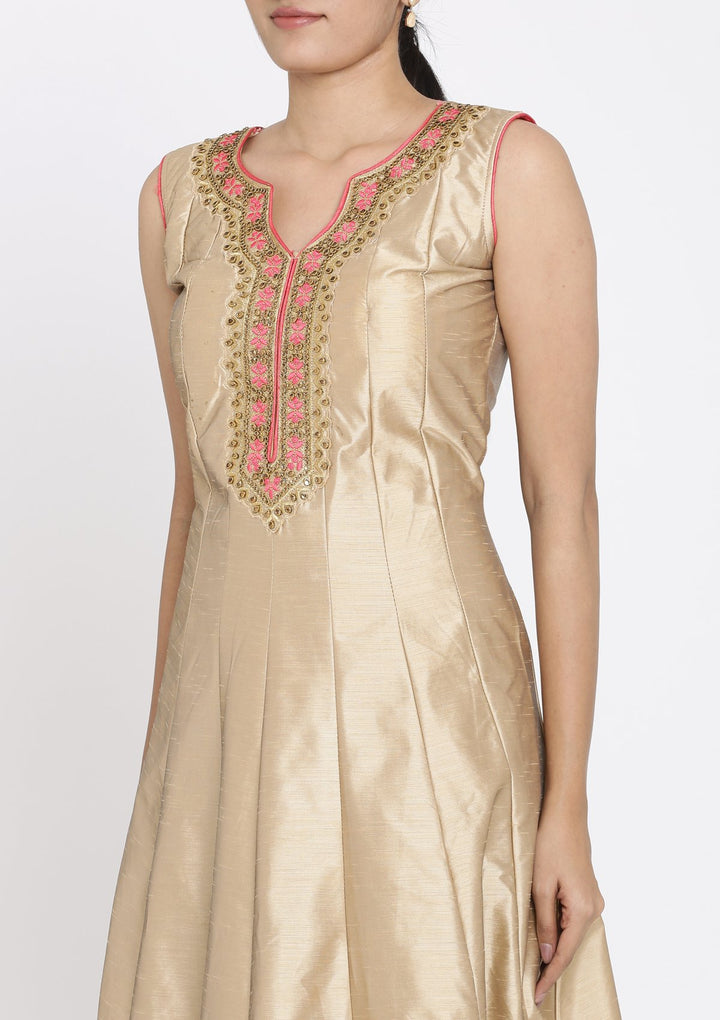Gold Stonework Raw Silk Designer Gown - koskii