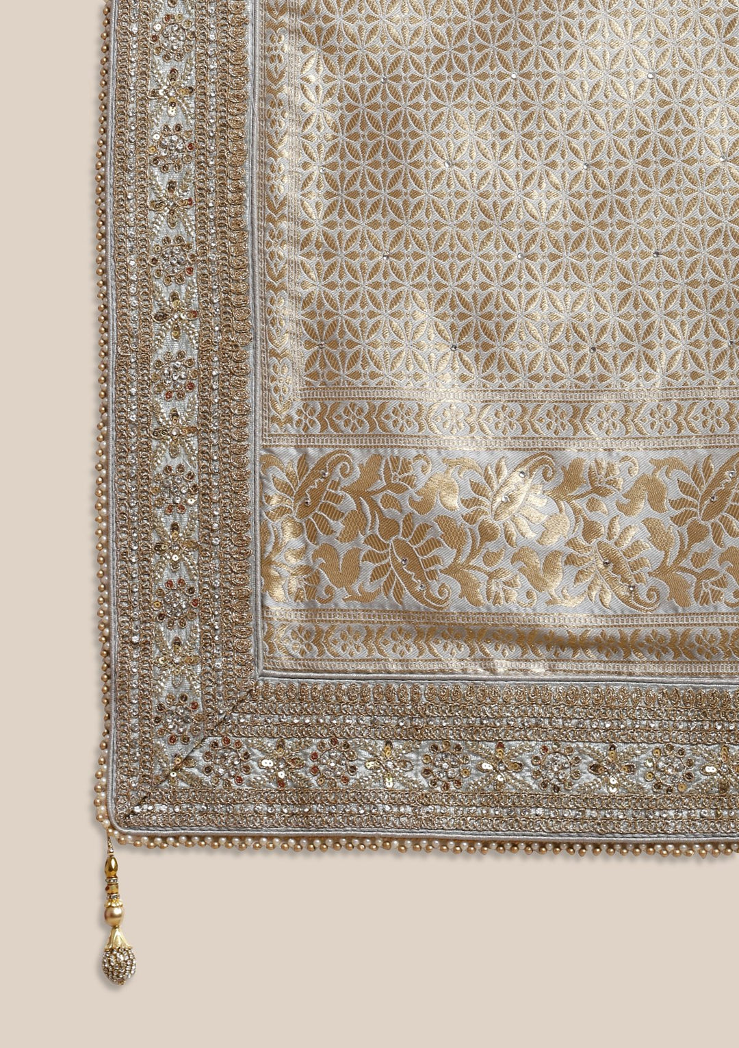 Light Grey Zariwork Brocade Designer Saree-Koskii