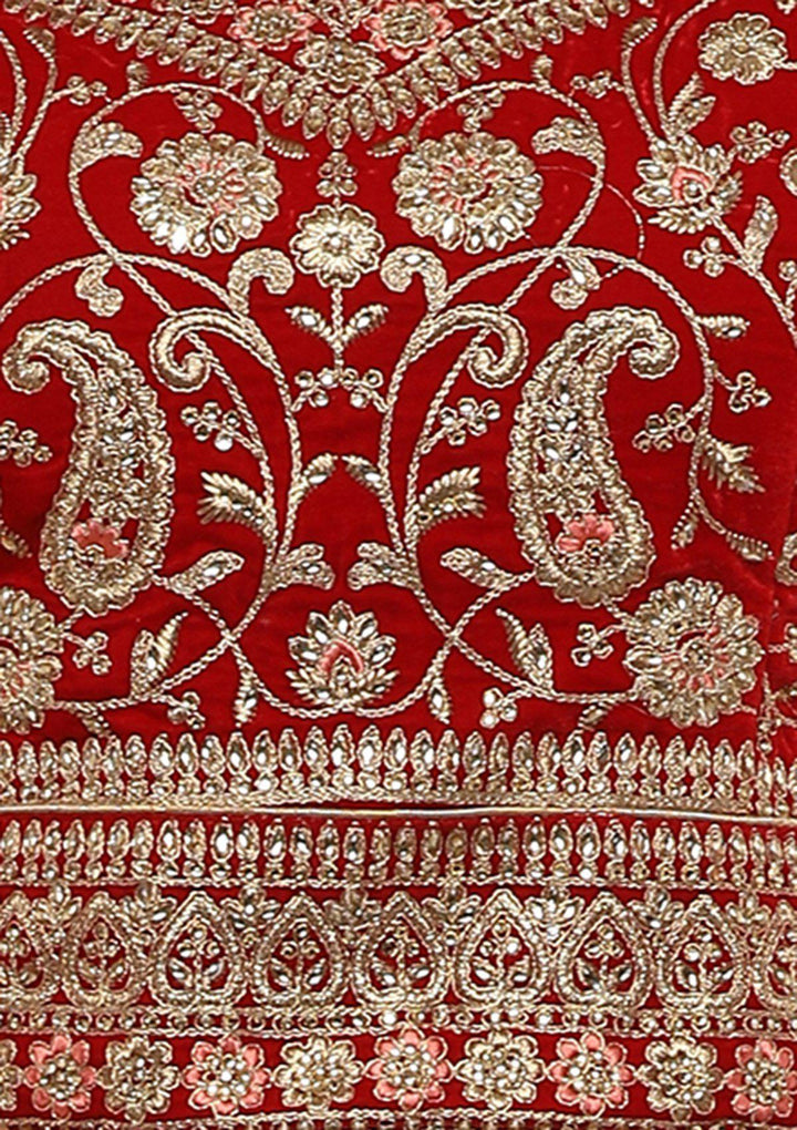 Red Stone Work Velvet Designer Lehenga-Koskii