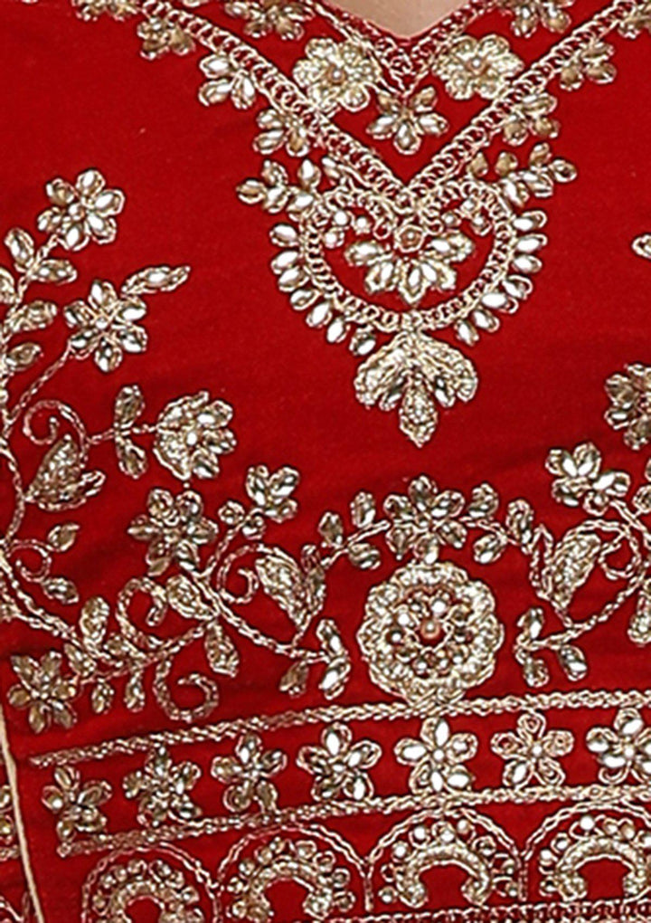 Red Embellished Velvet Designer Lehenga-Koskii