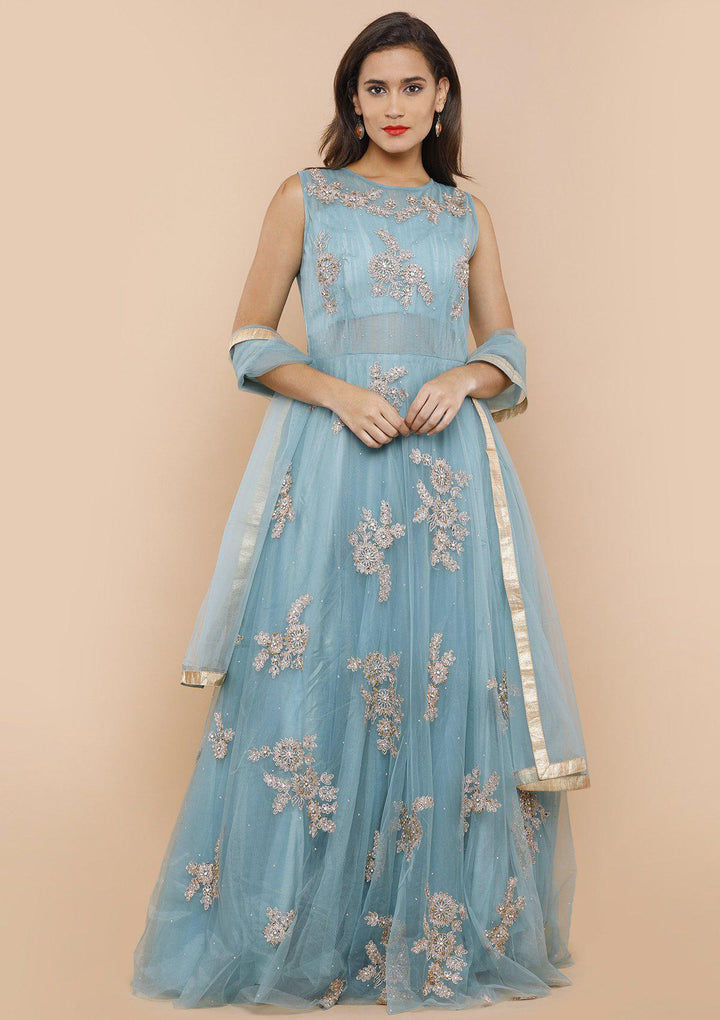 koskii teal blue floral net gown-Koskii