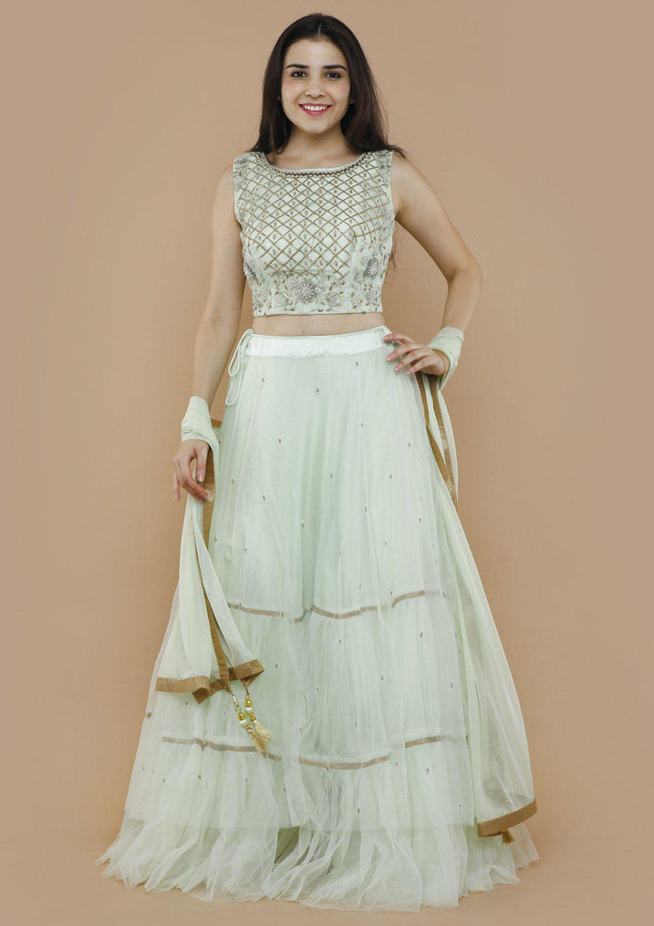 Mint Green Chequered Pearl Designer Lehenga-Koskii