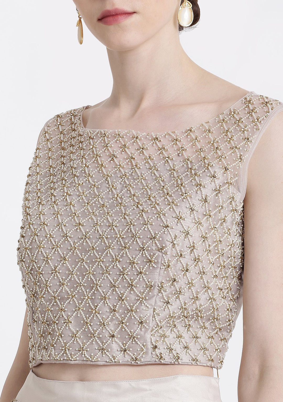 Light Grey Pearlwork Net Designer Lehenga-Koskii