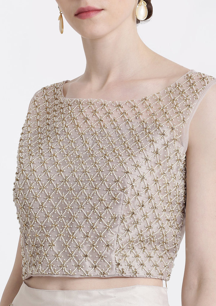 Light Grey Pearlwork Net Designer Lehenga-Koskii