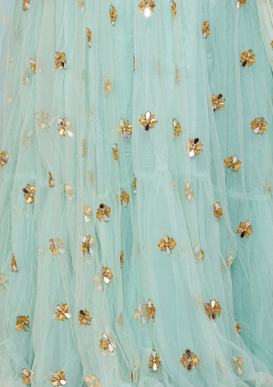 Teal Mirrorwork Net Designer Lehenga-Koskii