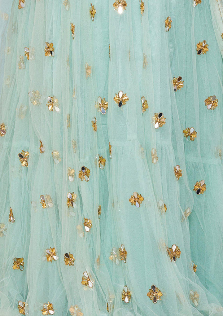 Teal Mirrorwork Net Designer Lehenga-Koskii