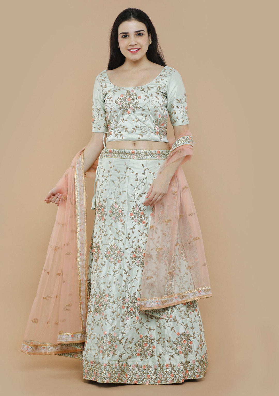 Pastel Green Zari Work Silk Designer Lehenga-Koskii