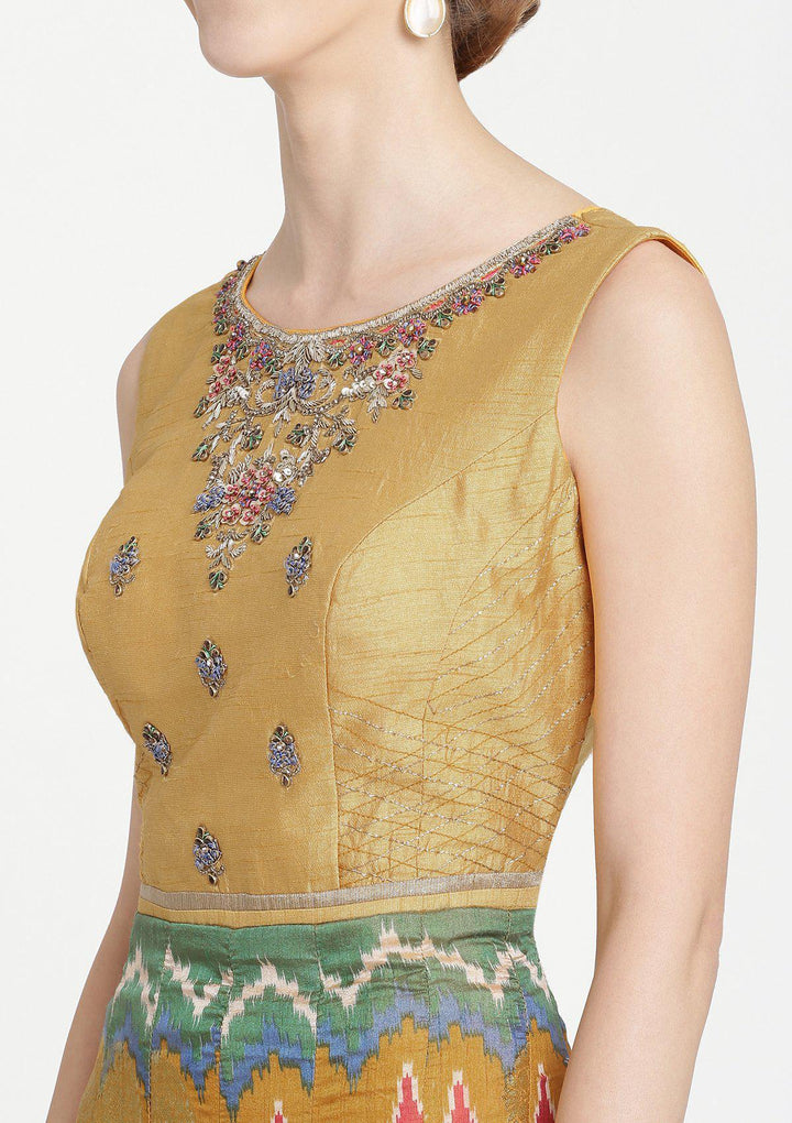 Mustard Stonework Banarasi Designer Gown-Koskii