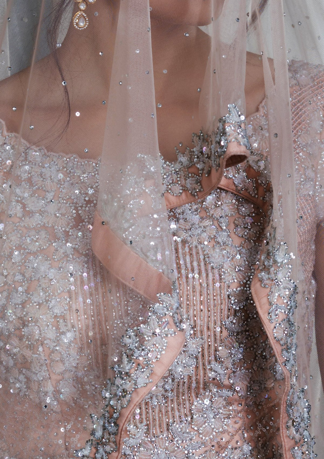 Peach Sequinned Net Designer Lehenga-Koskii