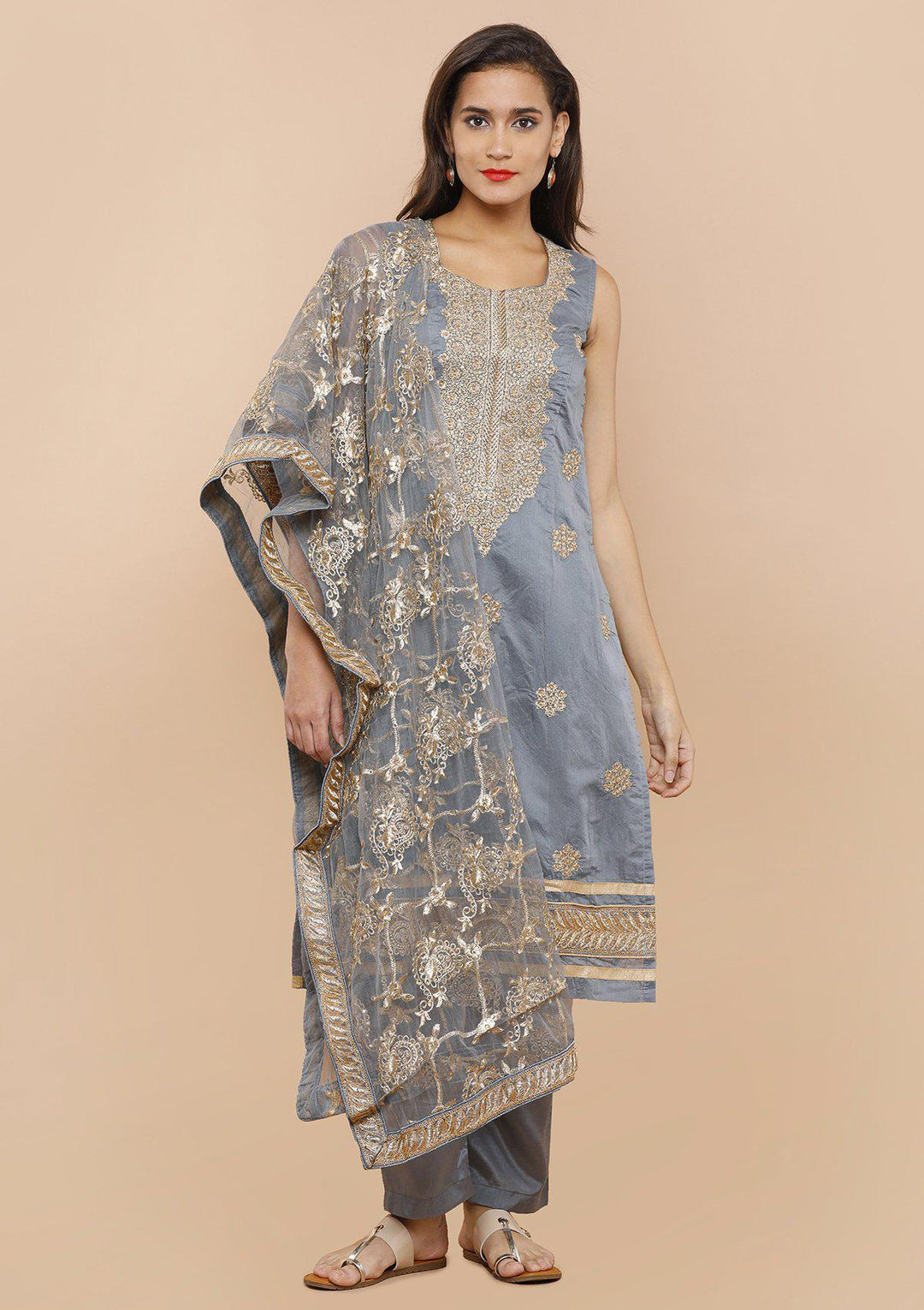 Grey Stone Work Chanderi Silk Designer Salwar Suit-Koskii
