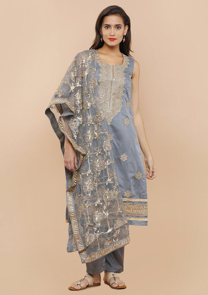 Grey Stone Work Chanderi Silk Designer Salwar Suit-Koskii