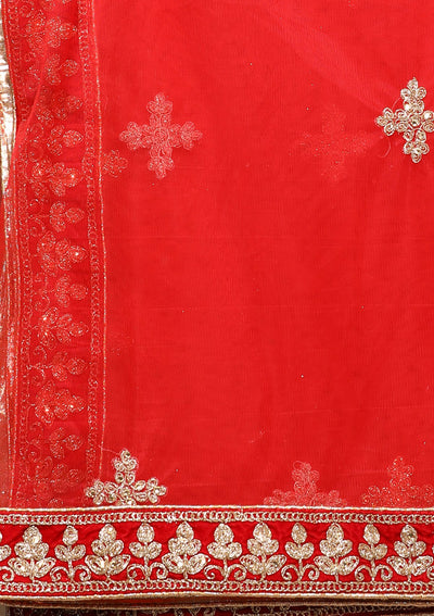Red Thread Work Velvet Designer Lehenga-Koskii