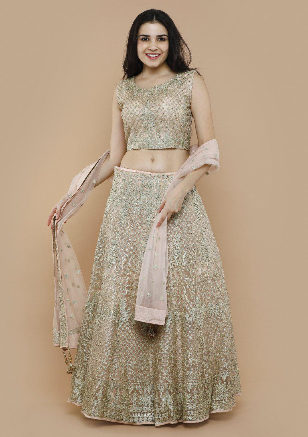 Peach Net Thread Work Designer Lehenga-Koskii