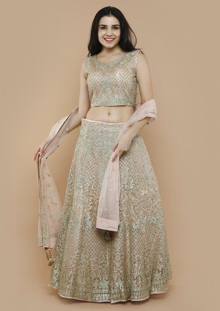 Peach Net Thread Work Designer Lehenga-Koskii